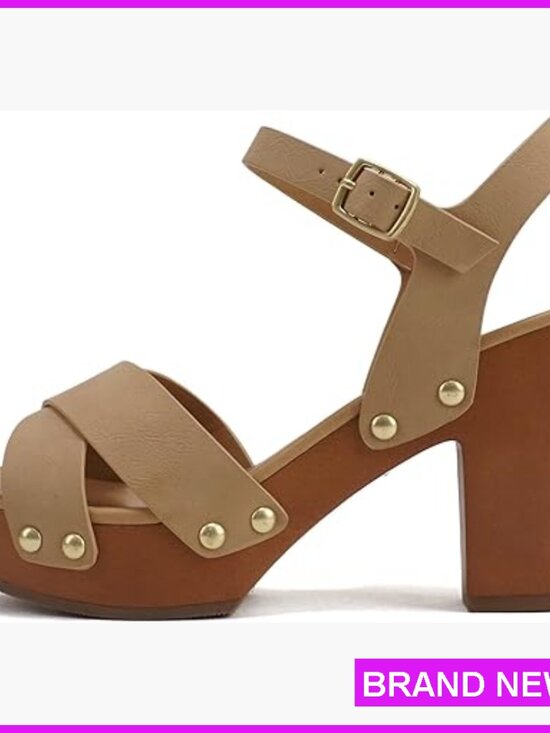 Shoes - Chunky Platform Heeled Sandals Crisscross Strap Ankle Buckle Stud Fashion